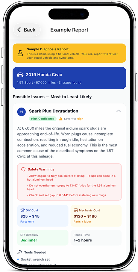 Mechanic in My Pocket app showing AI diagnosis report with ranked issues and repair costs